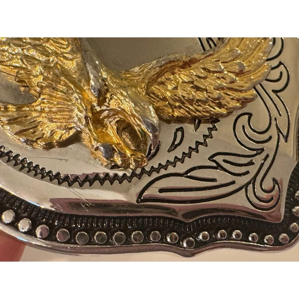 Western Soaring Eagle Belt Buckle Gold Silver Tone Scalloped Scrollwork Mens